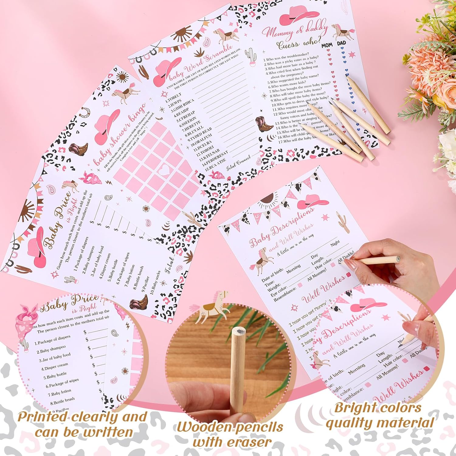 145 Pcs Baby Shower Games Supplies 5 Sets Game Activities Cards With 20 Pencils Include Baby Shower, Description And Well Wishes, Word Scramble(Cowgirl Style)