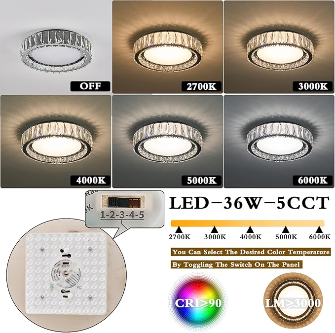 Crystal Dimmable Flush Mount Ceiling Light, Black Modern LED Close to Ceiling Light Fixture with 5CCT 2700K-6000K, Round kitchen Lighting for Bedroom, Laundry Room, Hallway, Living room (15in 36W)