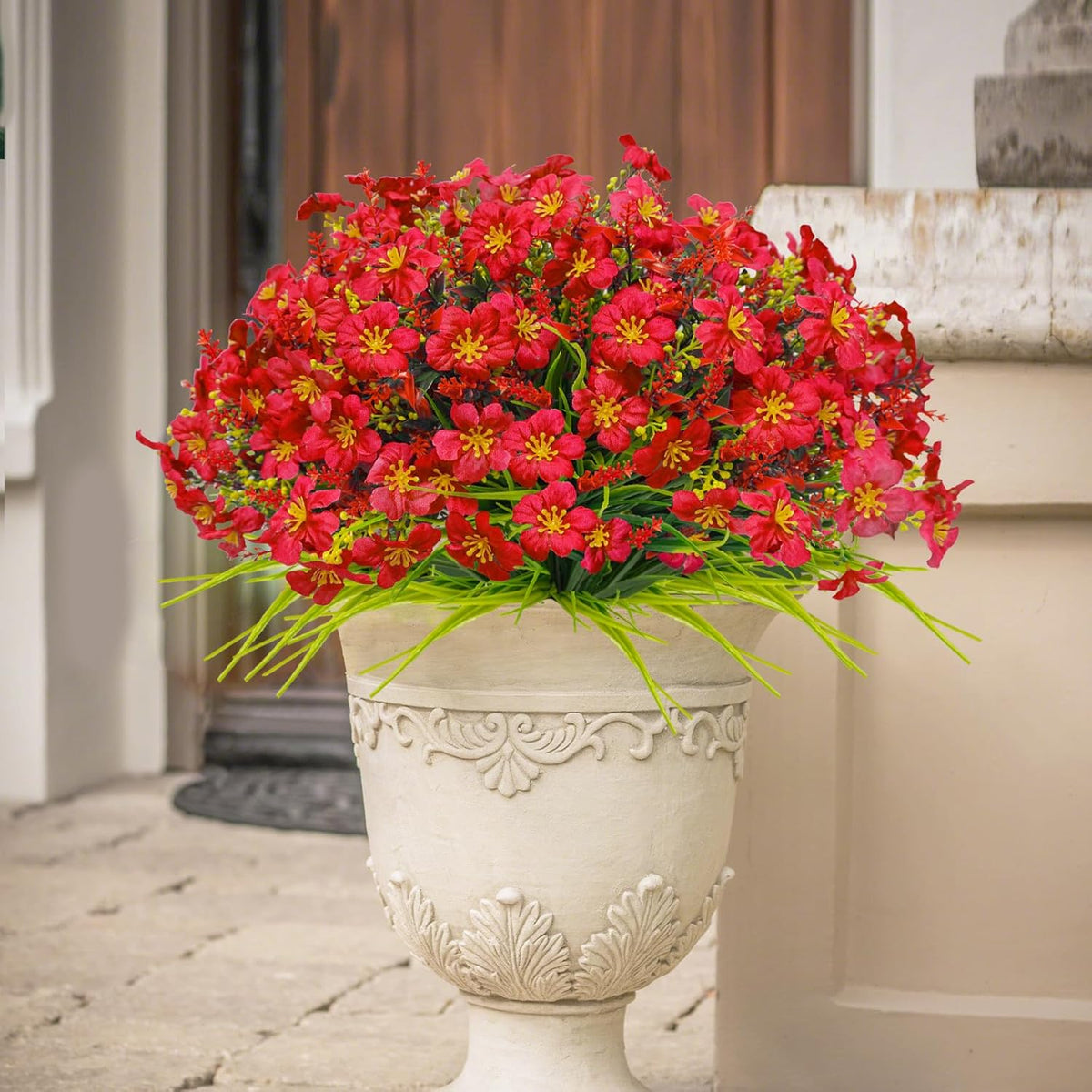 36Pcs Faux Plants Outdoor, Uv Resistant Artificial Plants Outdoor Fake Flowers Plants Plastic Greenery Shrubs For Outside Window Box Garden Patio Porch Home Decor (Mixed Red)