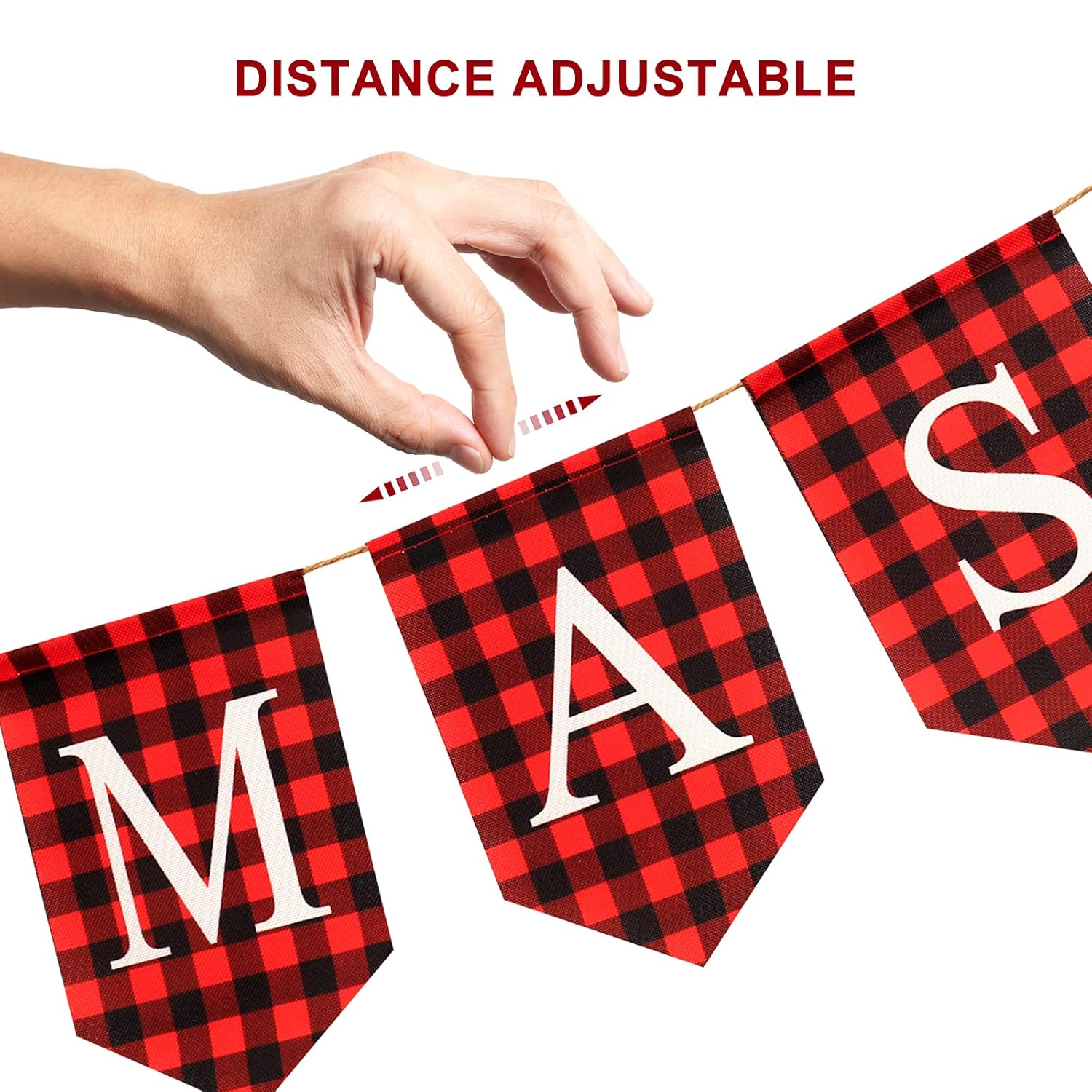 Merry Christmas Banner Burlap Garland & Vintage Xmas Banner For Fireplace Mantel - Black & Red Plaid Letters - Xmas Party Supplies