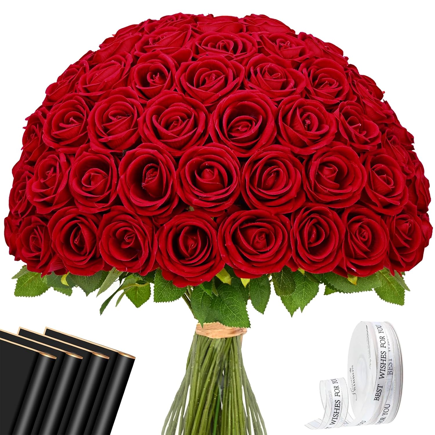 Red Roses Artificial Flowers Bulk, Real Touch Velvet Roses With Wrapping Paper, 50 Pcs Fake Flowers For Wedding Centerpieces Bridal Bouquet Valentines Mothers Day Decor