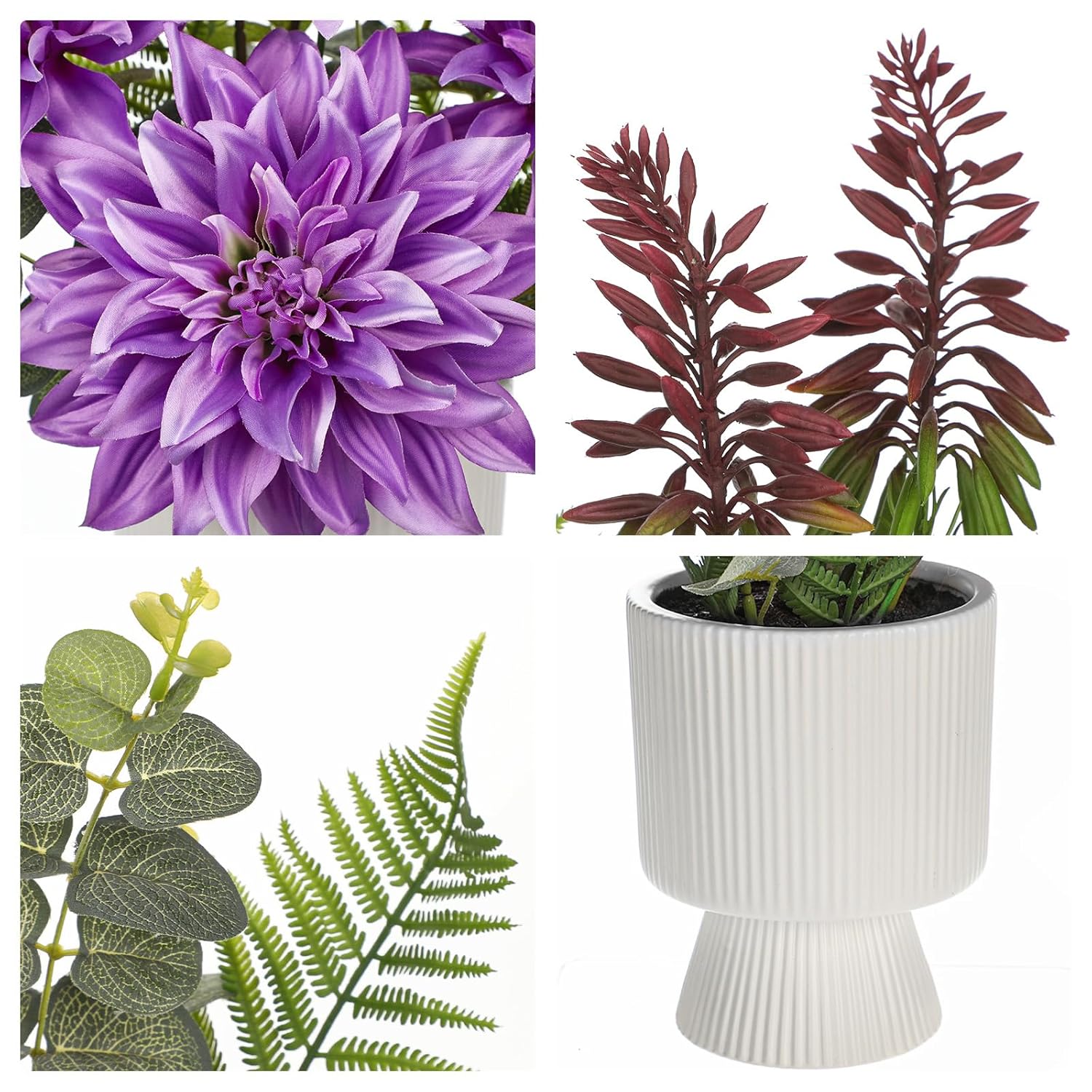 Dahlia Artificial Flower Arrangement In Ceramic Vase 18.1" Tall Faux Floral Centerpiece With Purple Silk Dahlias Eucalyptus Fake Potted Flowers For Home Office Dining Room Table Shelf Decor