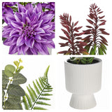 Dahlia Artificial Flower Arrangement In Ceramic Vase 18.1" Tall Faux Floral Centerpiece With Purple Silk Dahlias Eucalyptus Fake Potted Flowers For Home Office Dining Room Table Shelf Decor