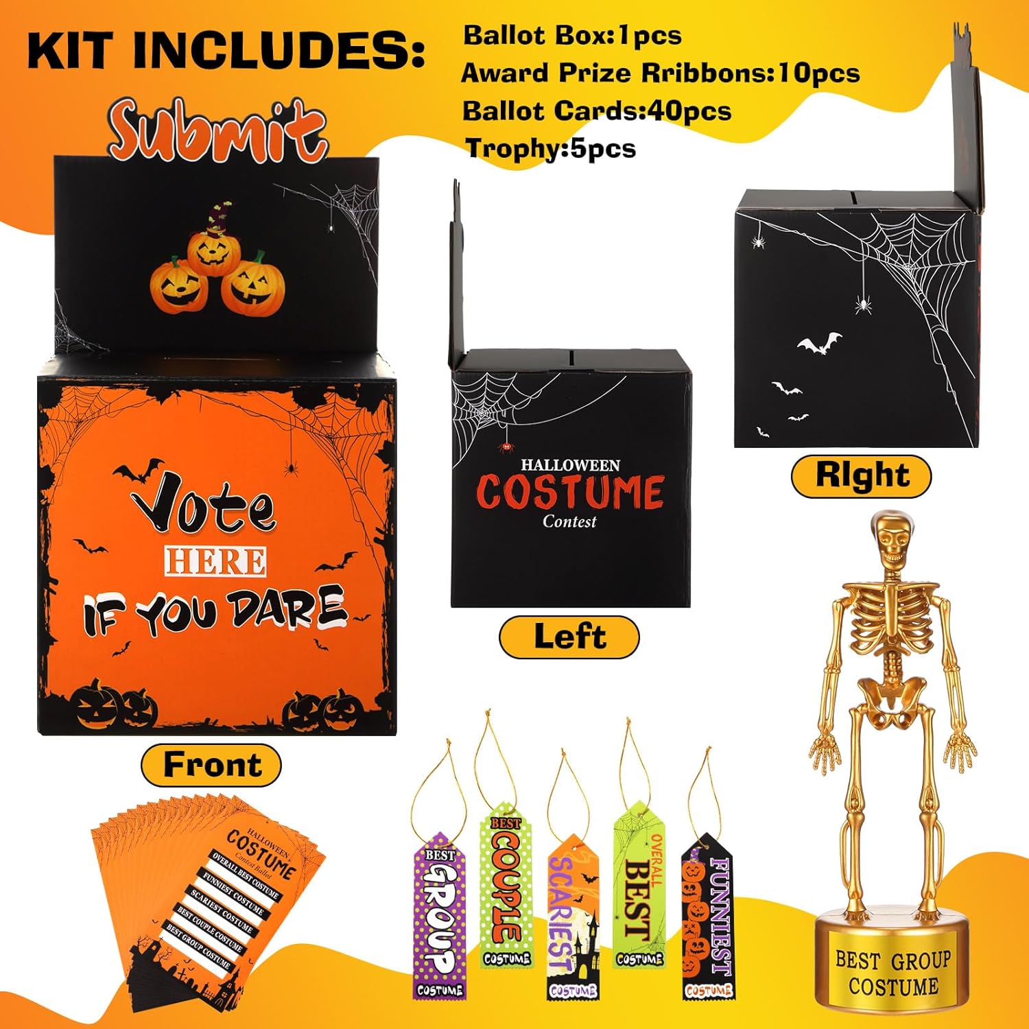 56 Pcs Halloween Party Supplies Include Halloween Contest Ballot Box, 5 Gold Trophies, 40 Voting Cards And 10 Award Prize Cards For Favor Fun Decor