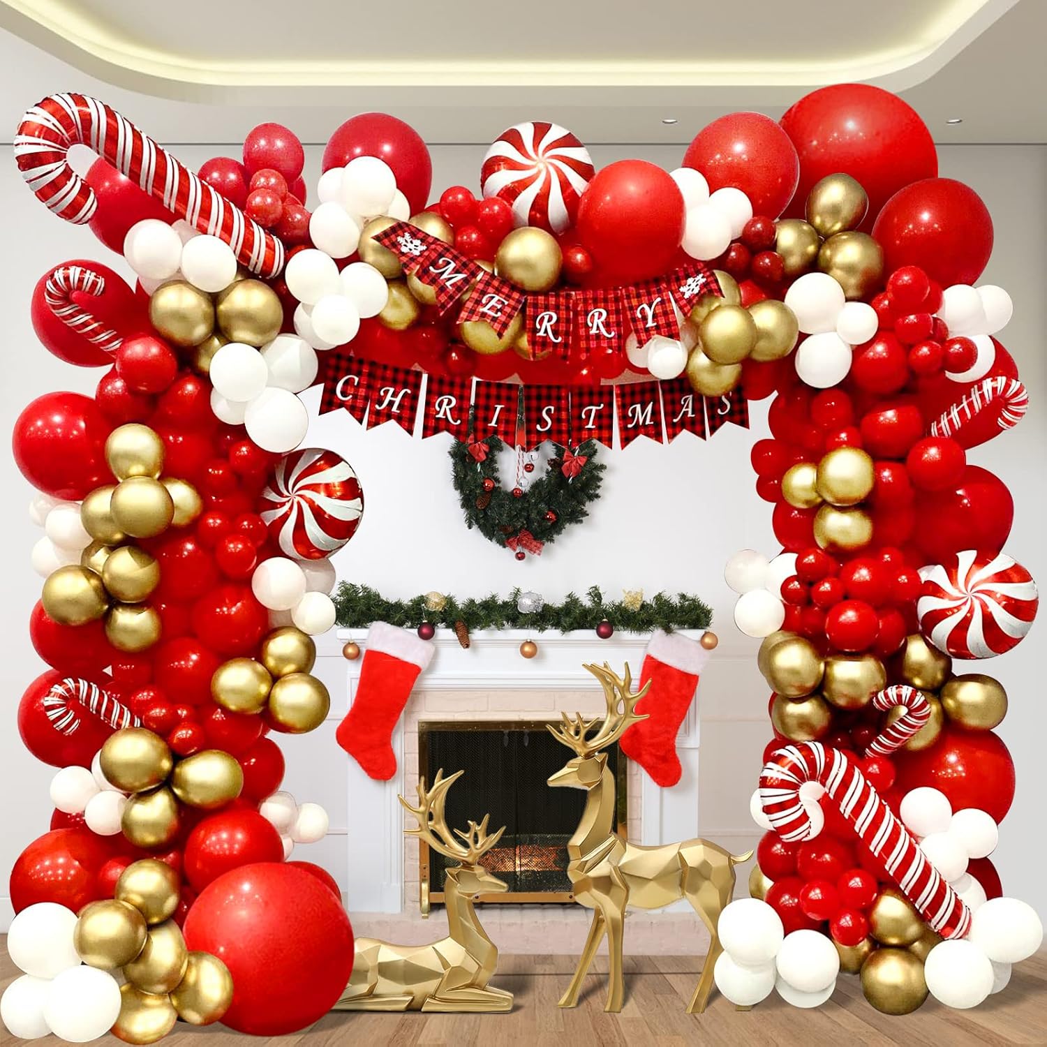 Christmas Balloons Garland Arch Kit 153Pcs With Xmas Red Gold White Balloon Candy Cane Foil Balloon For Christmas Party Decorations Birthday Christmas Party Supplies