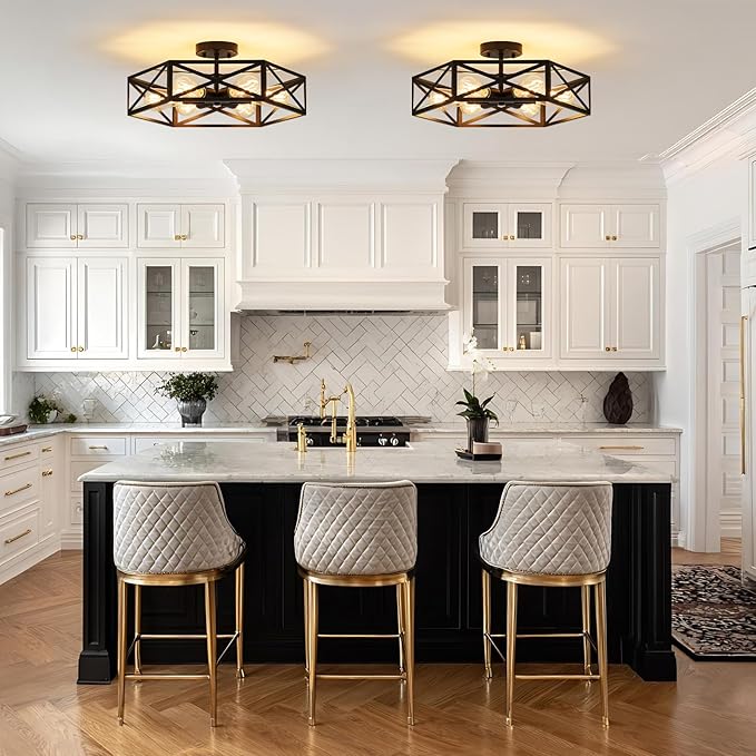19.7 Inch Hexagon Farmhouse Ceiling Light Black Semi Flush Mount Fixture