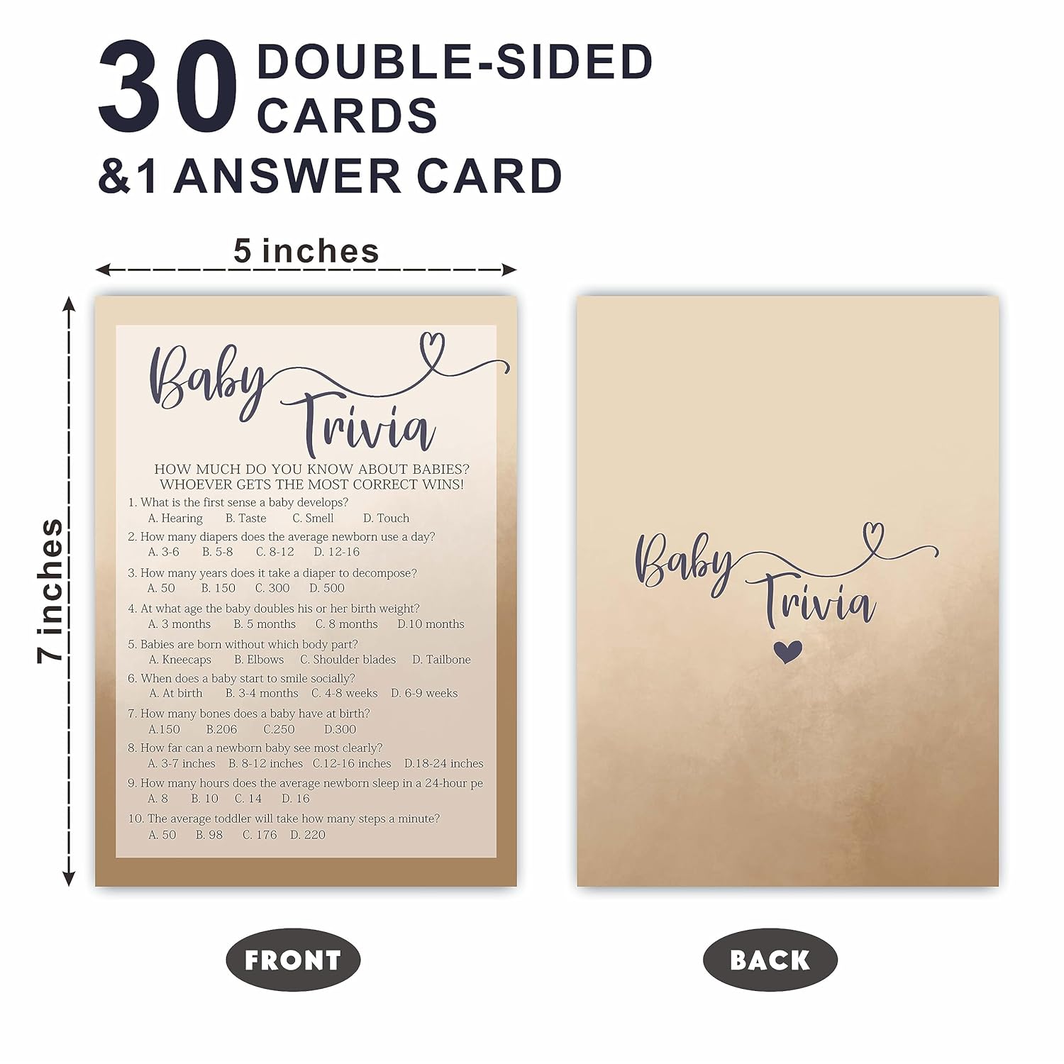 Baby Trivia Game Card For Baby Shower, 5"X 7" Khaki Double Sided Fill-In Game Set For Baby Boy Or Girl, 30 Cards & 1 Answer Card, Gender Reveal Games, Party Favor & Decorations - F6
