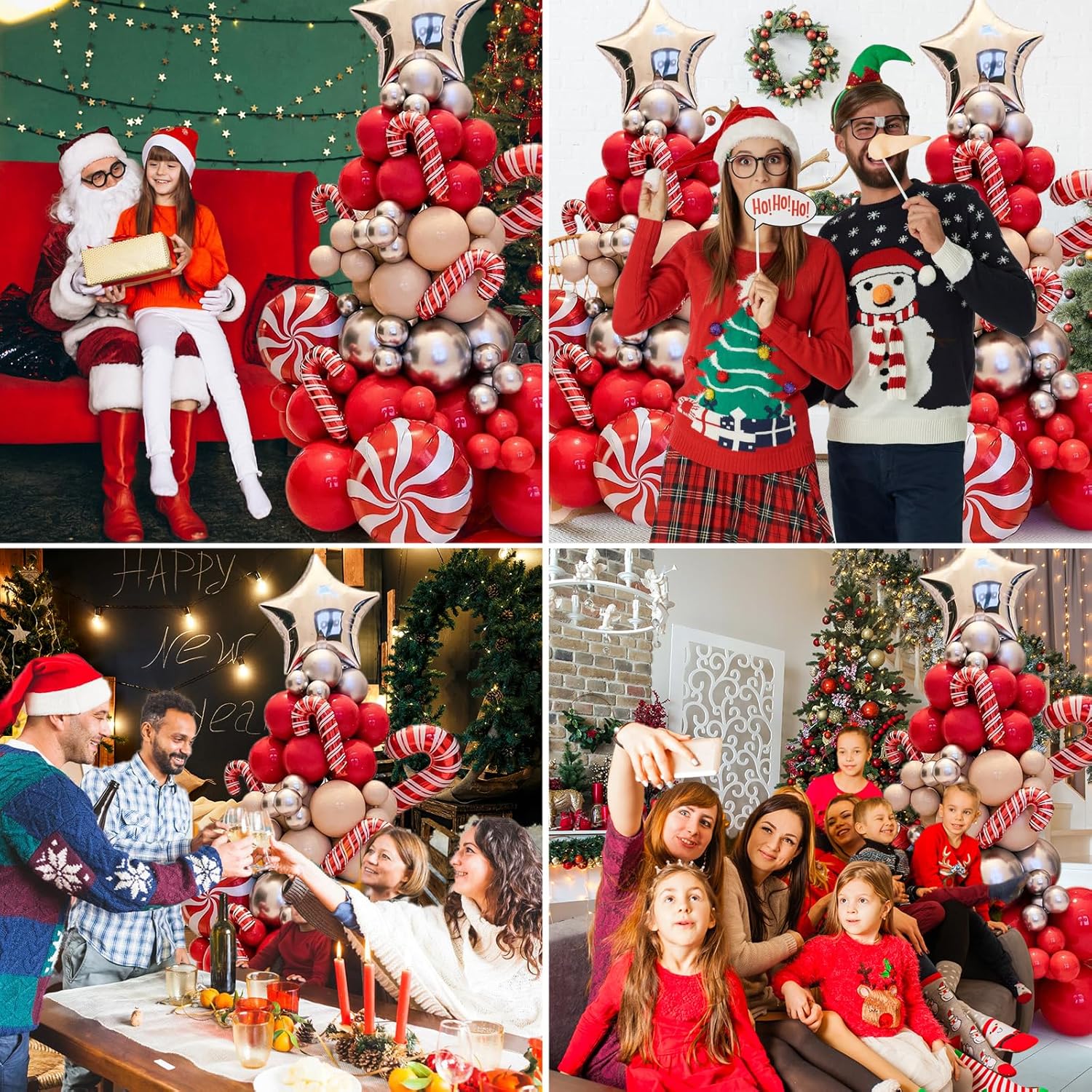 Christmas Balloon Arch Kit - Christmas Tree Garland Xmas Red Silver Beige And Candy Foil Silver Star Balloons For Christmas Party Decorations Birthday Party New Year Party