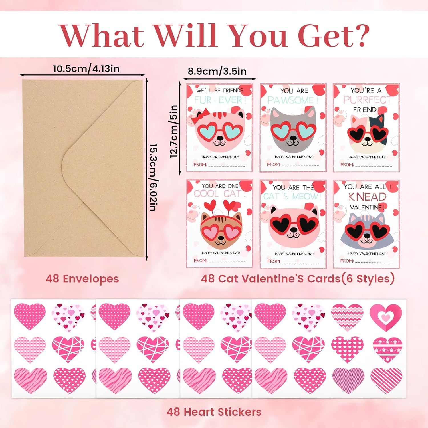 48 Sets Funny Valentines Day Cards For Kids, Cat Valentines Cards Bulk For Kids Classroom School Valentines Exchange Cards With Envelopes & Heart Stickers(3.5X5In)