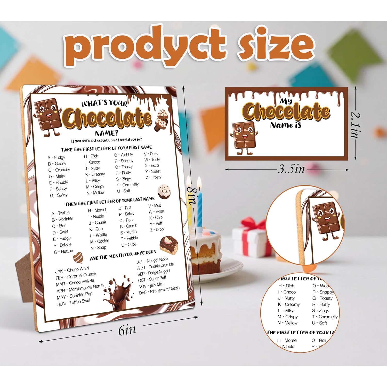 Chocolate Party Decor, What Is Your Chocolate Name Game,30 Stickers, Perfect For Birthday Party Activities 6×8 Wooden Play Sign With Stand