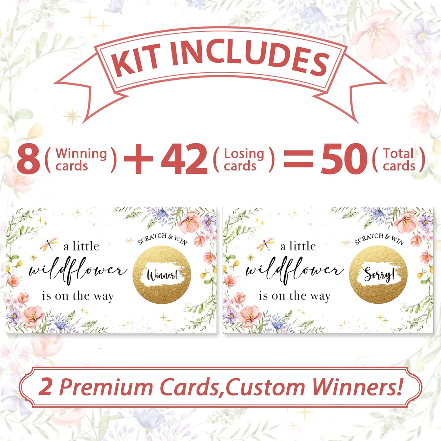 Baby Shower Game For Adults - Floral Scratch Off Activity Cards, 50-Pack “A Little Wildflower Is On The Way” - Premium Gender Reveal & Party Game For Guests -W1