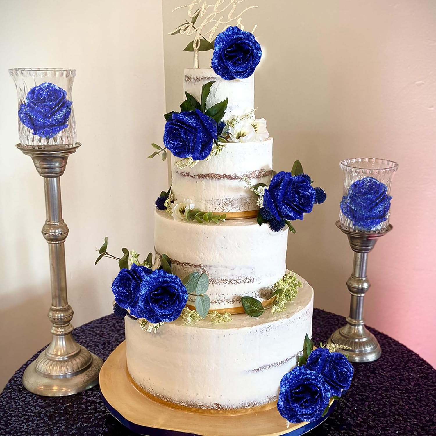 Glitter Flowers,30Pcs Royal Blue Roses Artificial Flowers Fake Roses For Diy Crafts Wedding Bouquet Party Home Decor(Royal Blue)