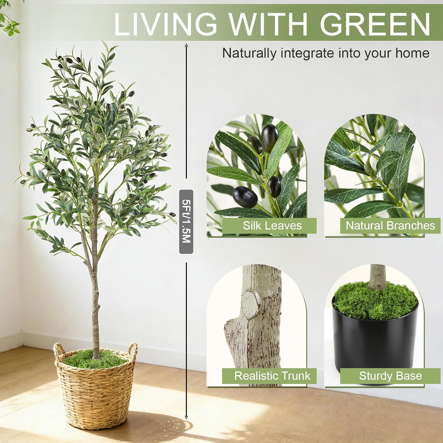 Artificial Olive Trees, 5Ft Tall Faux Olive Tree With Lights Moss And Planter, Artificial Plants Indoor With Natural Wood Trunk And Lifelike Fruits Fake Plant For Home Office Living Room Decor