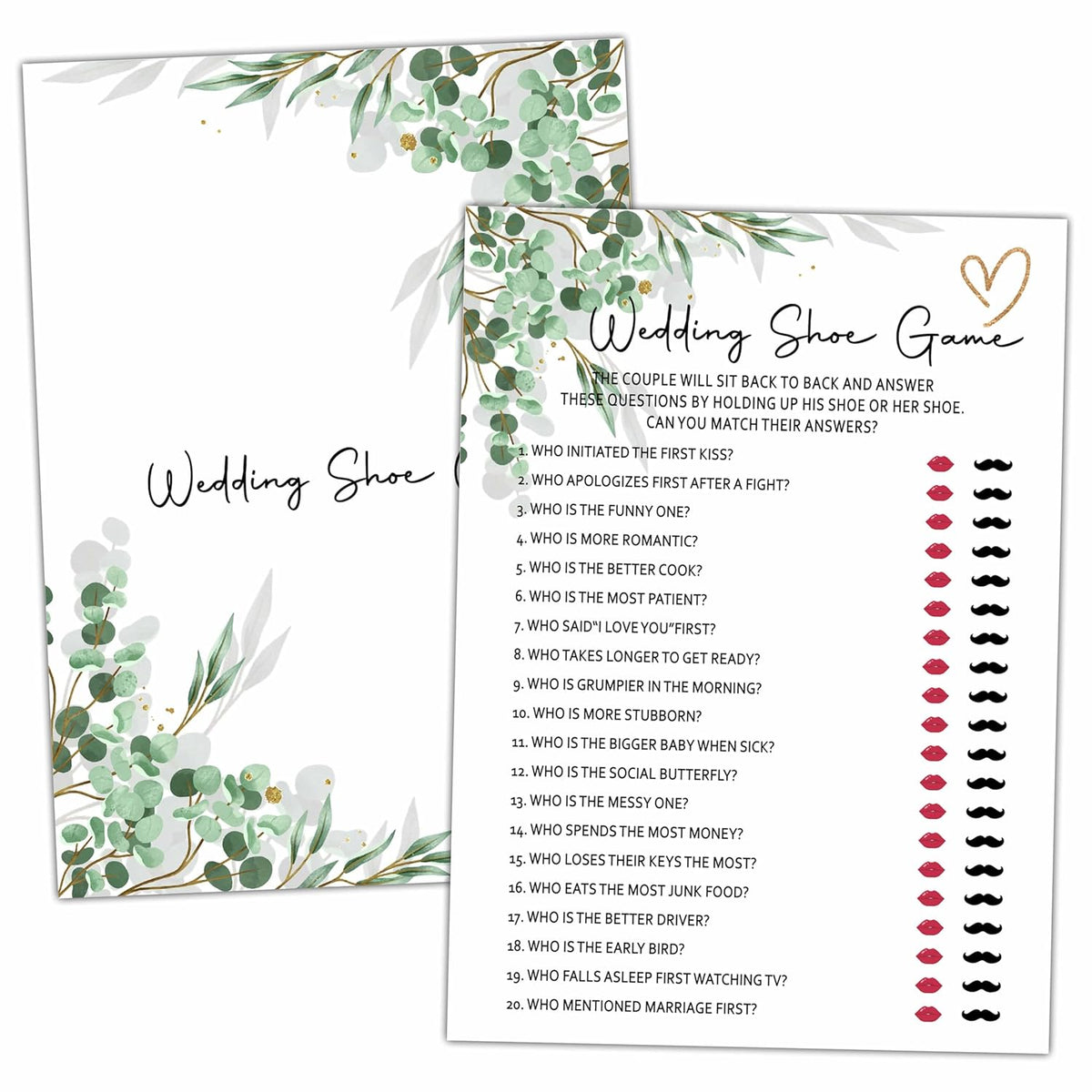 Bridal Shower Party Games, Wedding Shoe Game Minimalist Wedding Shower Game For Adults, 25 Eucalyptus Greenery Engagement Party Games Cards (5" X 7"), Bachelorette Party Supplies Decorations -07