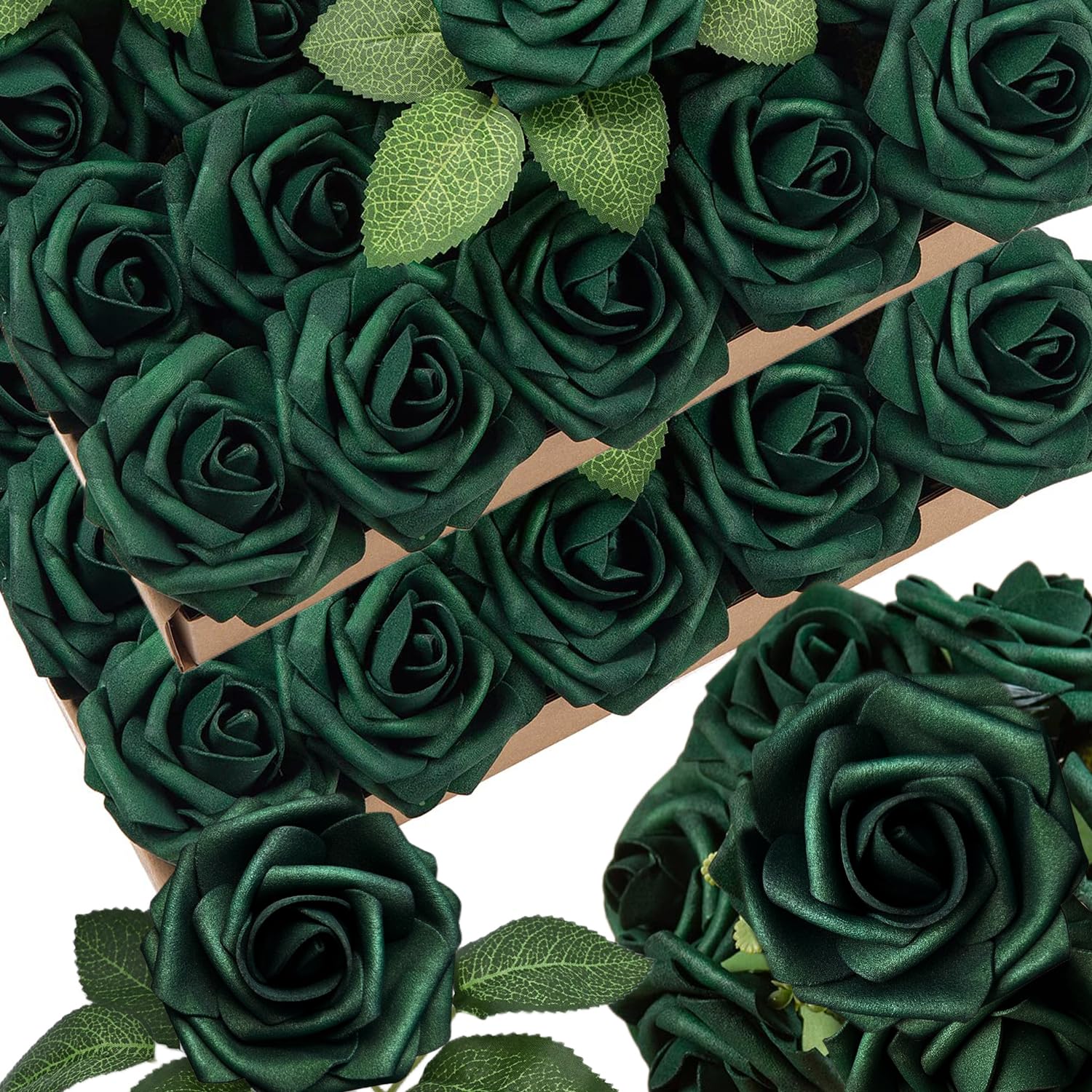 50Pcs Emerald Green Artificial Flowers Foam Fake Dark Hunt Green Rose With Stems 12 Leaves Real Looking Faux Roses For Wedding Bouquets Bridal Shower Centerpieces Arrangements Party Tables Decoration
