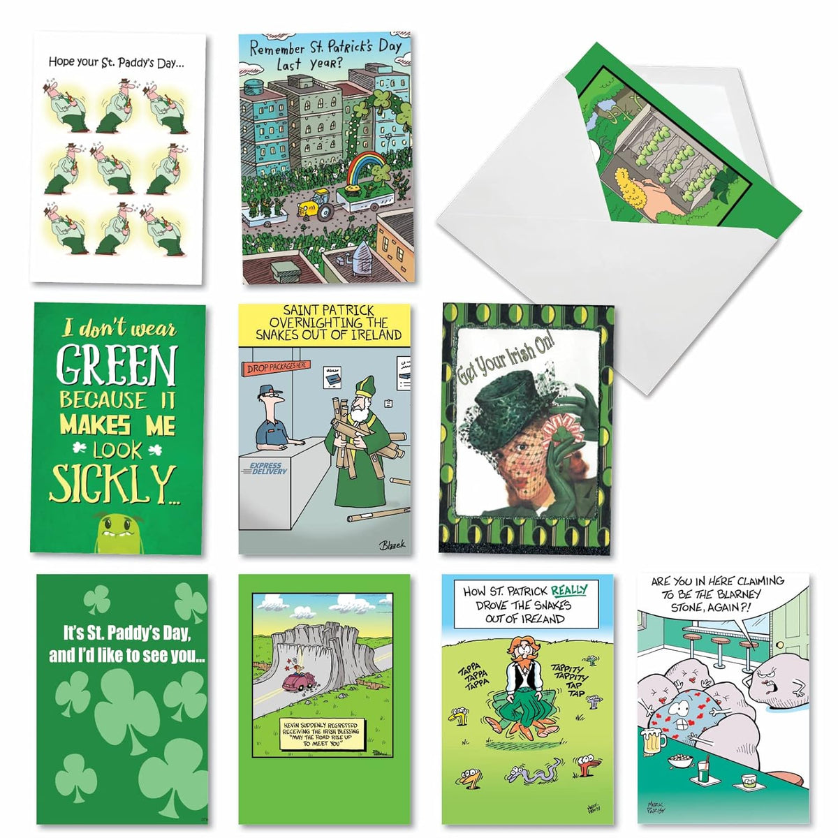 10 Assorted Box Set Funny St. Patrick'S Day Greeting Cards W/5 X 7 Inch Envelopes (10 Designs, 1 Each) Green Day Ac10365Spg-B1X10