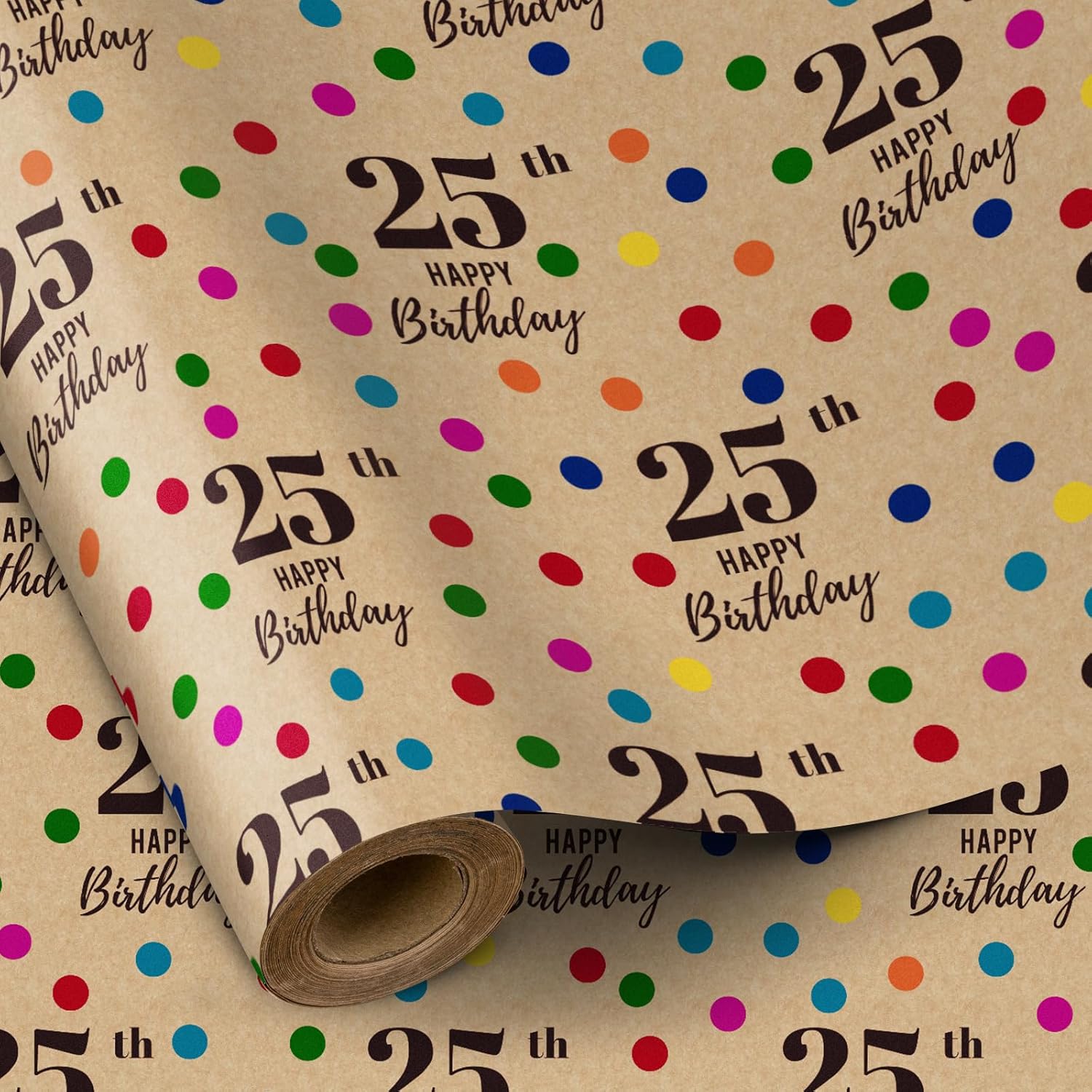 25Th Wrapping Paper - Mini Roll, 17 Inches X 16.4 Feet, Kraft Paper Colorful Dots And 25Th Happy Birthday Design For Boys, Girls, Party, 25 Years Old