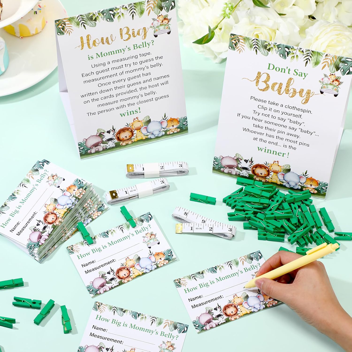 105 Pcs Baby Shower Games Include How Big Is Mommy'S Belly Game Measure Mommy'S Belly Sign Don'T Say Baby Sign, 50 Mini Clothespin 50 Guessing Card 3 Roll Measuring Tape (Green,Safari Animal)