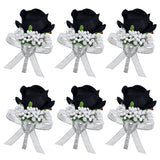 6Pcs Black Rose Boutonniere For Men, Groom Groomsmen Best Man Artificial Flowers Boutonnieres Suit Decoration, For Wedding Homecoming Formal Dinner Prom Party