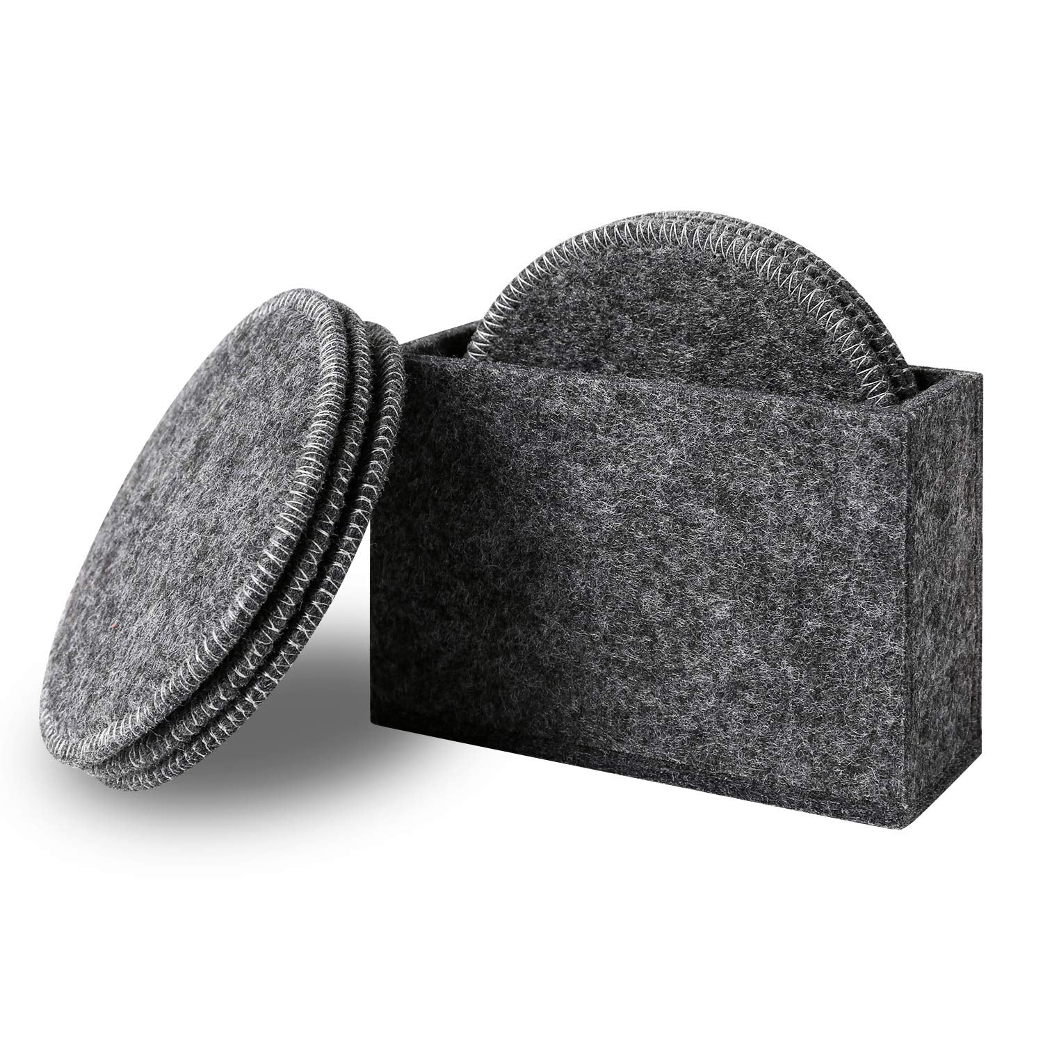 Drink Coasters Set Of 6 With Holder - Dark Gray Round Water Absorption Felt Mat, Prevent Furniture From Dirty And Scratched, Suitable For Kinds Of Mugs And Cups, 3.94 Inches Diameter
