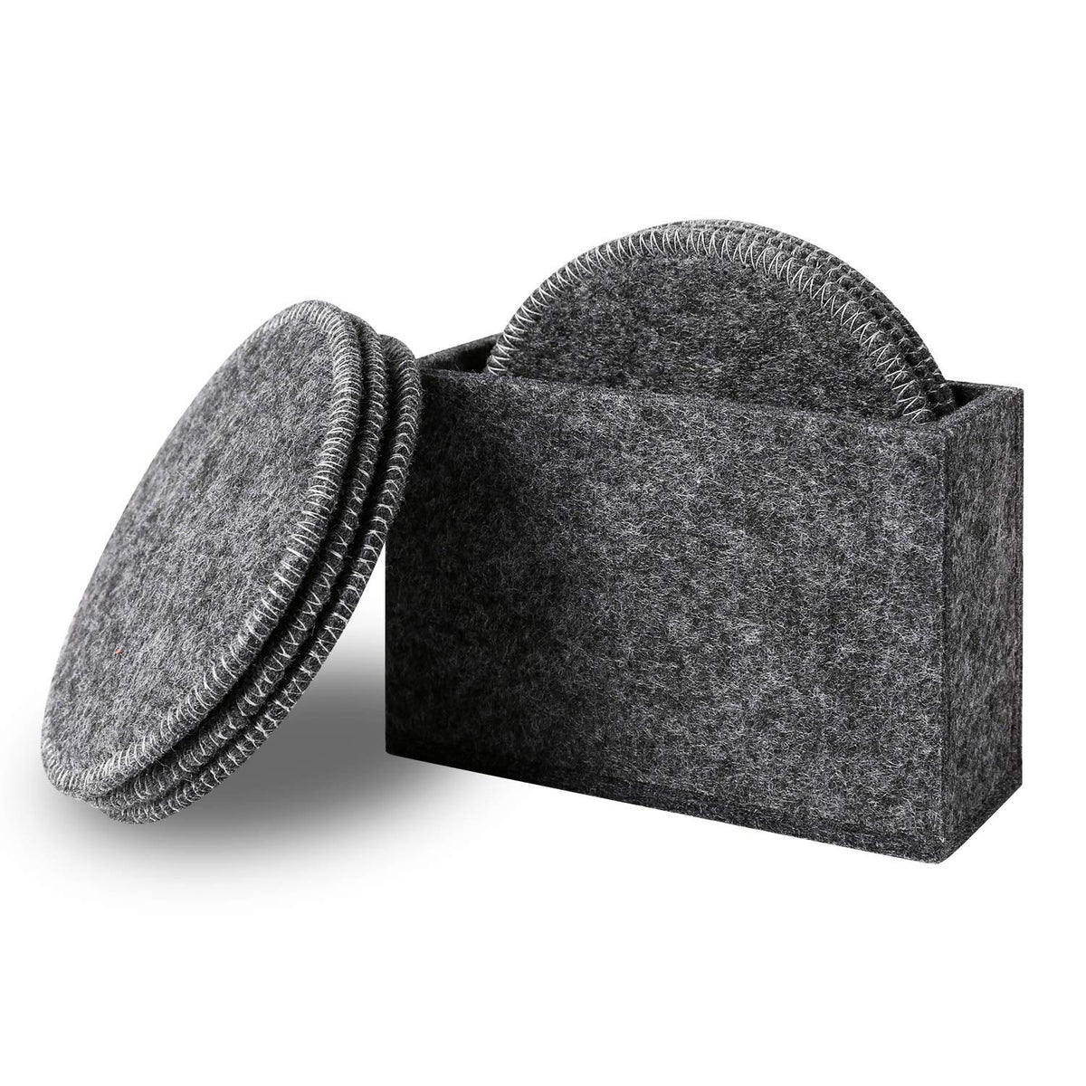 Drink Coasters Set Of 6 With Holder - Dark Gray Round Water Absorption Felt Mat, Prevent Furniture From Dirty And Scratched, Suitable For Kinds Of Mugs And Cups, 3.94 Inches Diameter