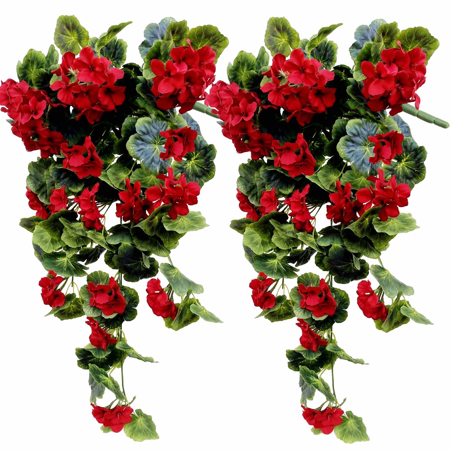 Artificial Geraniums Hanging Bundles Full Blooms Silk Flower Plants Geranium Vines For Home Garden Wedding Indoor Outdoor Decor (Red Hanging - 2 Pack)