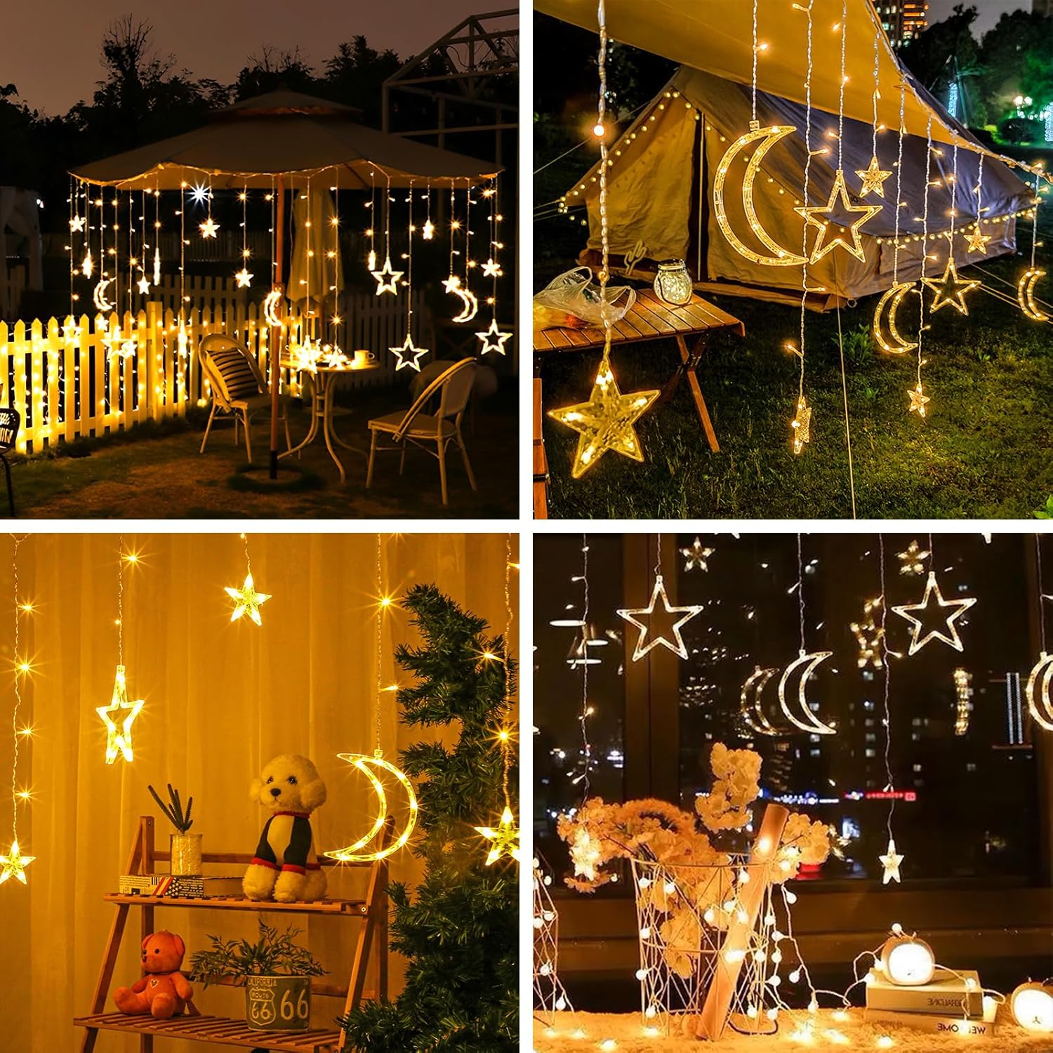 Star Moon Curtain Lights 11.5Ft Remote Control Led Fairy Lights,8 Flashing Modes Waterproof Decorative Lights For Garden