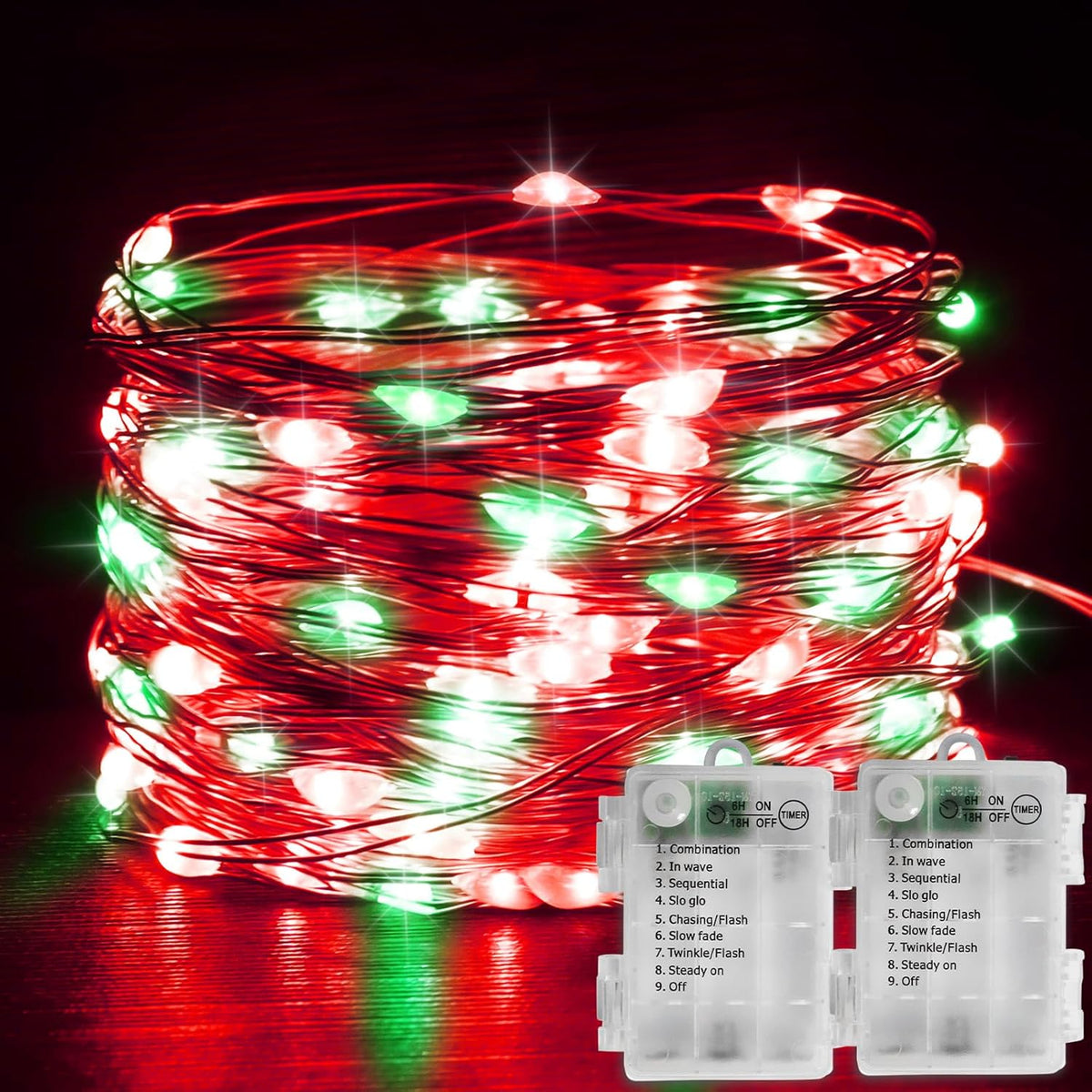 Battery Operated Christmas Lights - Indoor Red & Green Mini Fairy Lights, Timer, 2Pack Total 200Led, 65.6Ft Copper Wire,