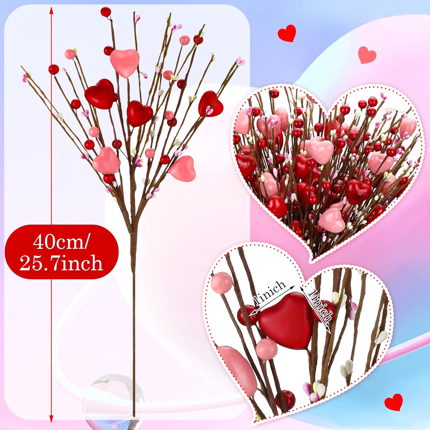 12 Pcs Valentine'S Day Artificial Flower Stems Valentines Red Berry Heart Floral Picks Spray Branches For Flower Arrangements Vase Filler For Mother'S Day Wedding Gifts Home(Red, Pink)