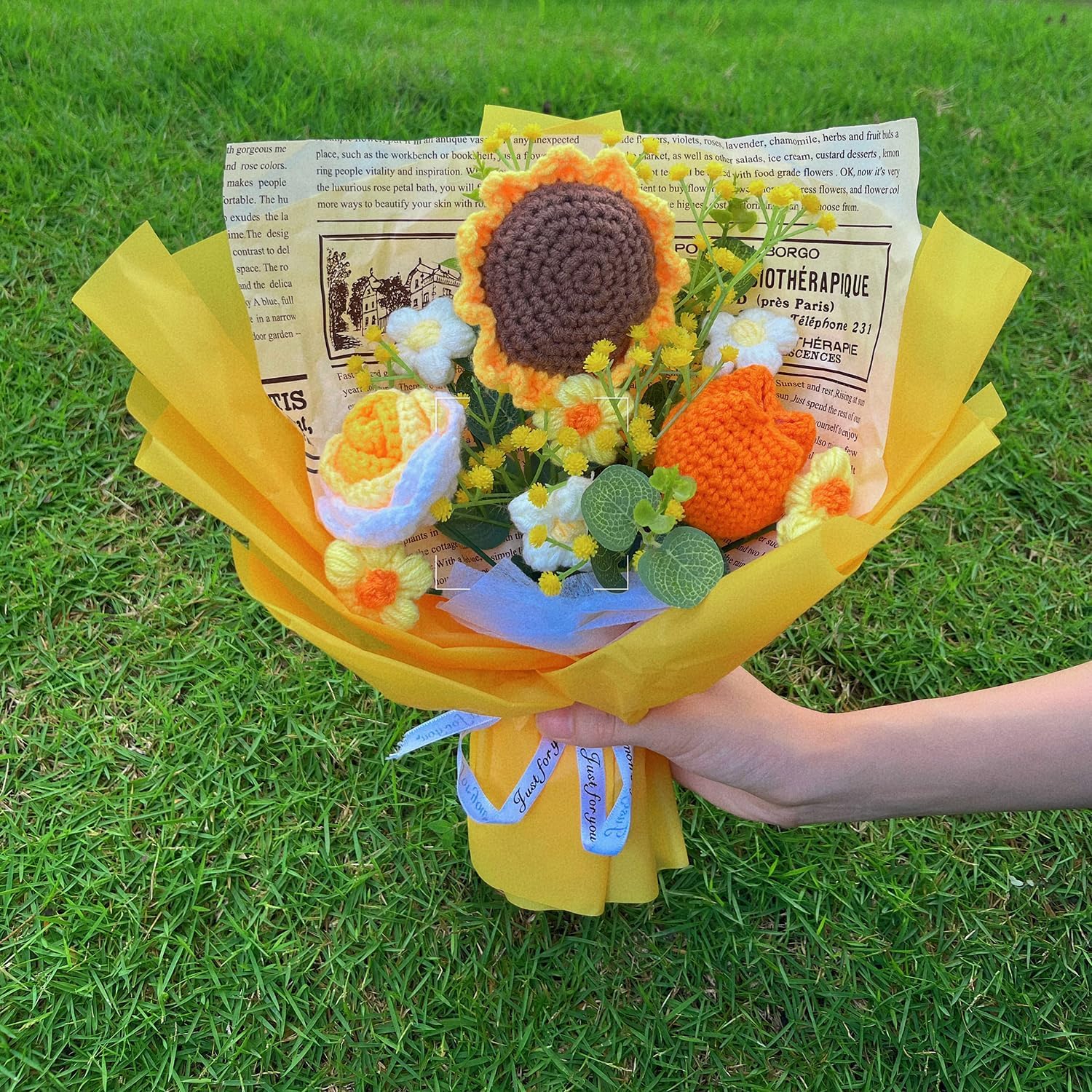 Crochet Flowers Bouquet, Handmade Knitted Sunflower Rose Tulip Puff Flower Bouquet, Gift For Mother Wife On Birthday Valentines Anniversary