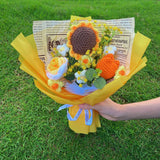 Crochet Flowers Bouquet, Handmade Knitted Sunflower Rose Tulip Puff Flower Bouquet, Gift For Mother Wife On Birthday Valentines Anniversary