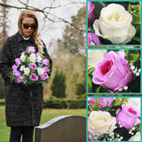 Artificial Cemetery Flowers,Set Of 2 Grave Decorations Roses, Tombstone Memorial Bouquet With Vase For Grave Arrangementss (2, White & Purple)
