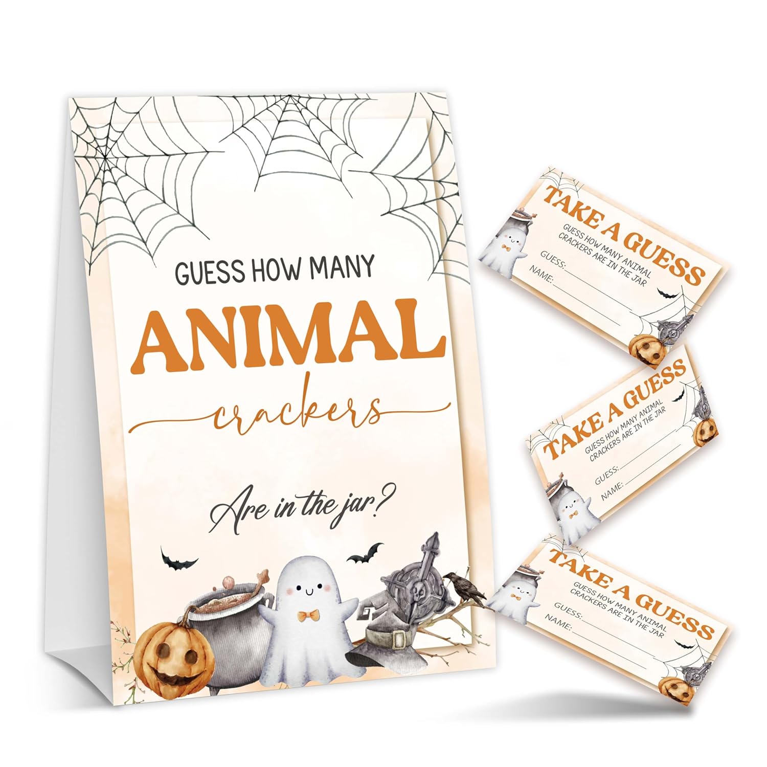 Halloween Baby Shower Games, Ghost Guess How Many Animal Crackers For Pumpkin Gender Reveal Party Supplies Decorations, 1 Standing Sign + 50 Tickets - A02