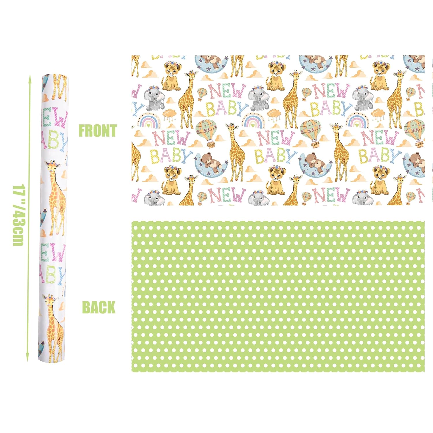 Reversible Baby Shower Wrapping Paper For Kids Girls Boys - 17 Inch X 33 Feet - Lion Giraffe Animals & New Baby Design For Neutral Baby Shower Party Birthday Holiday