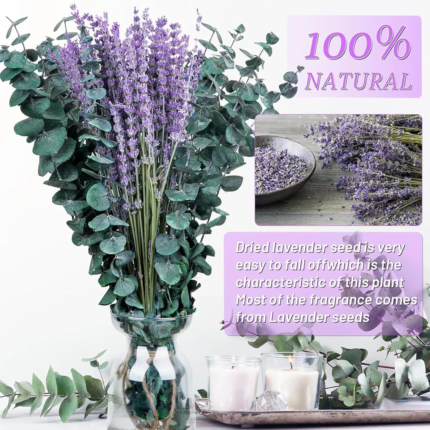 110 Pcs Mix Dried Eucalyptus Stems & Lavender Bundle For Shower, 17" Natural Real Preserved Eucalyptus Leaves Greenery, Lavender For Hanging Shower Plants, Flower Arrangements, Vase Decor