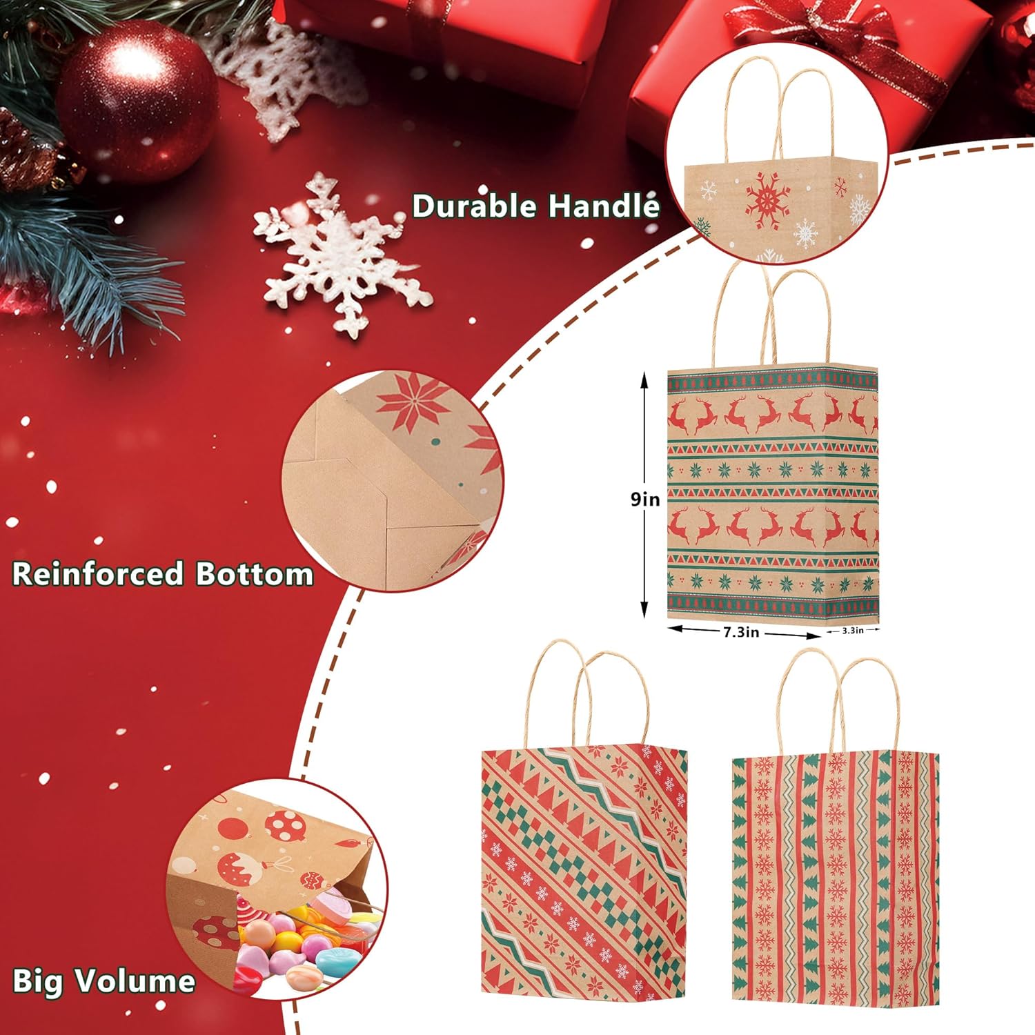24 Pcs Christmas Kraft Gift Bags With Handles,Treat Bags For Gifts,Cookies,Candy,Holiday Goodies Wrapping,For Xmas Holiday Presents Wrapping,9"X7.3"X3.3"