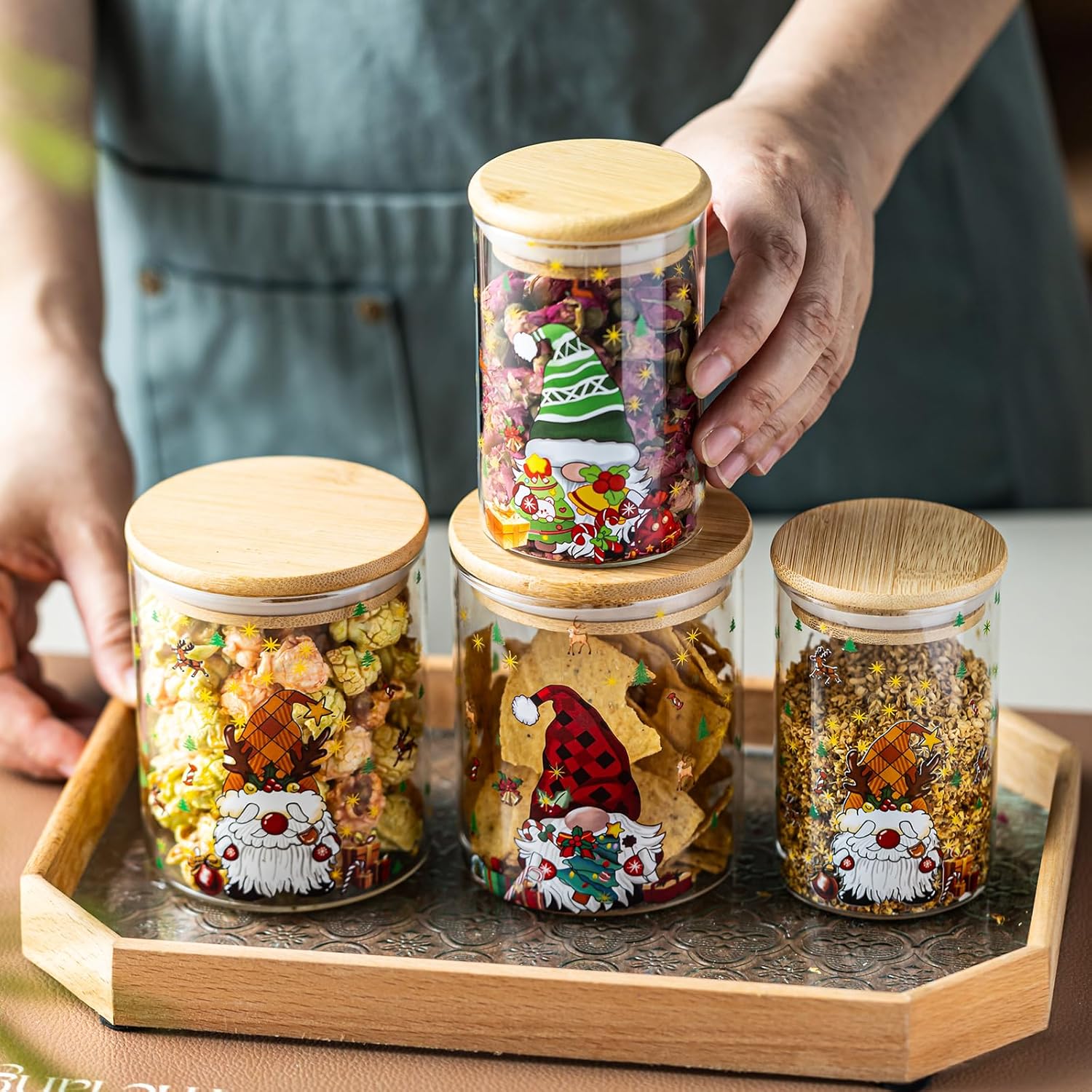 Christmas Glass Jars With Bamboo Lids - Glass Pantry Storage Containers With Lids For Winter Xmas, Christmas Kitchen Decor, Cookie Jar & Candy Jars-Set Of 6 (3 Large & 3 Small)