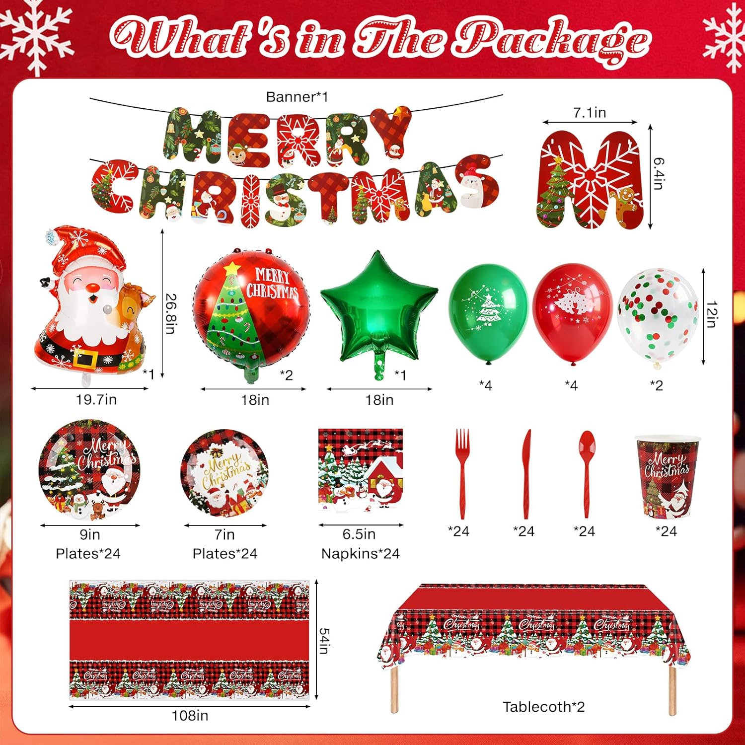 185 Pcs Christmas Party Decorations Christmas Party Supplies Tableware Set Serves 24, With Plates Napkins Cups Fork Knives Spoon Tablecloth Banner Balloons For Xmas Holiday Party Decorations