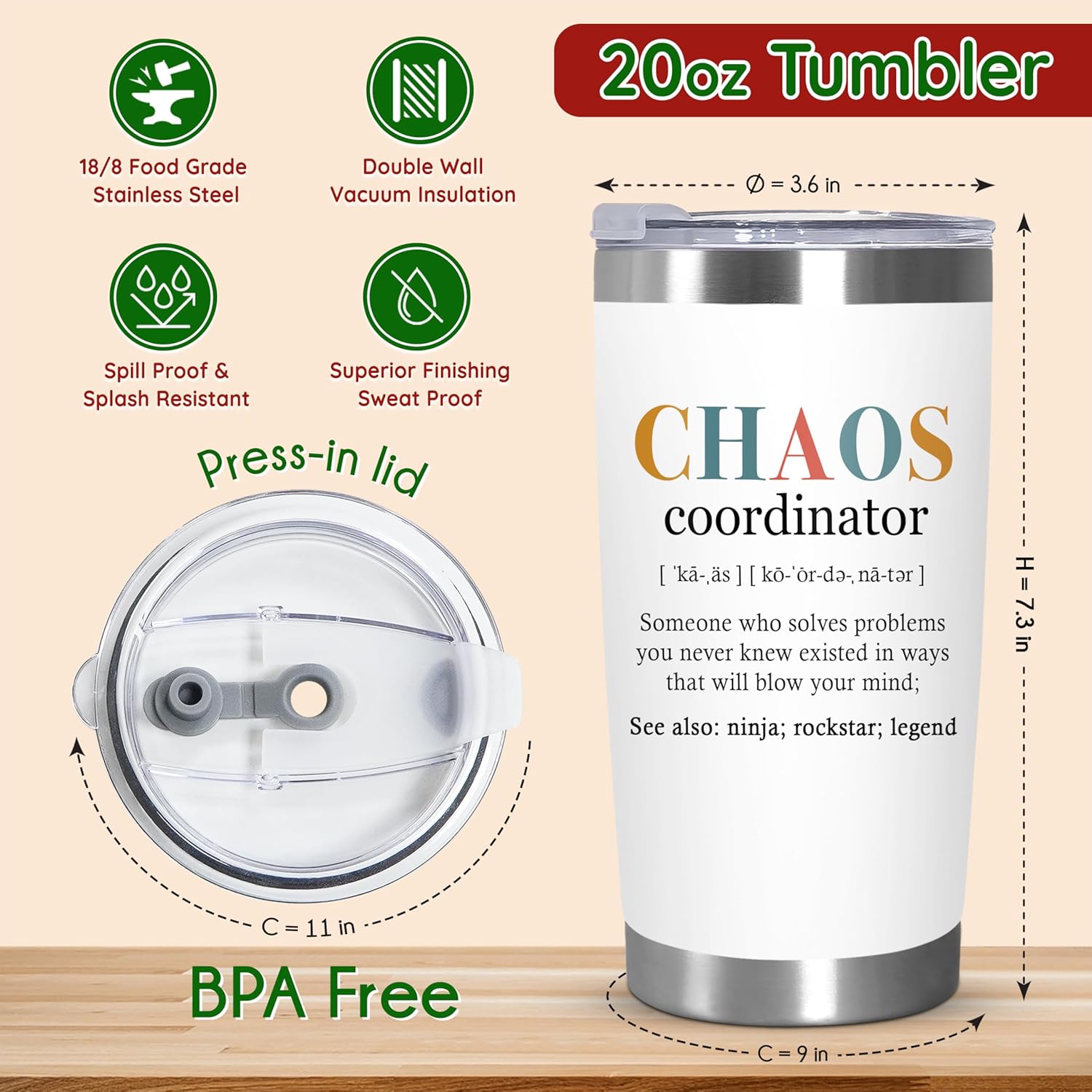 Thank You Gifts For Women - Chaos Coordinator 20 Oz Stainless Steel Insulated Tumbler With Lid - Galentine Valentine Gifts For Friend, Employee Appreciation Gifts For Coworker Boss Teacher