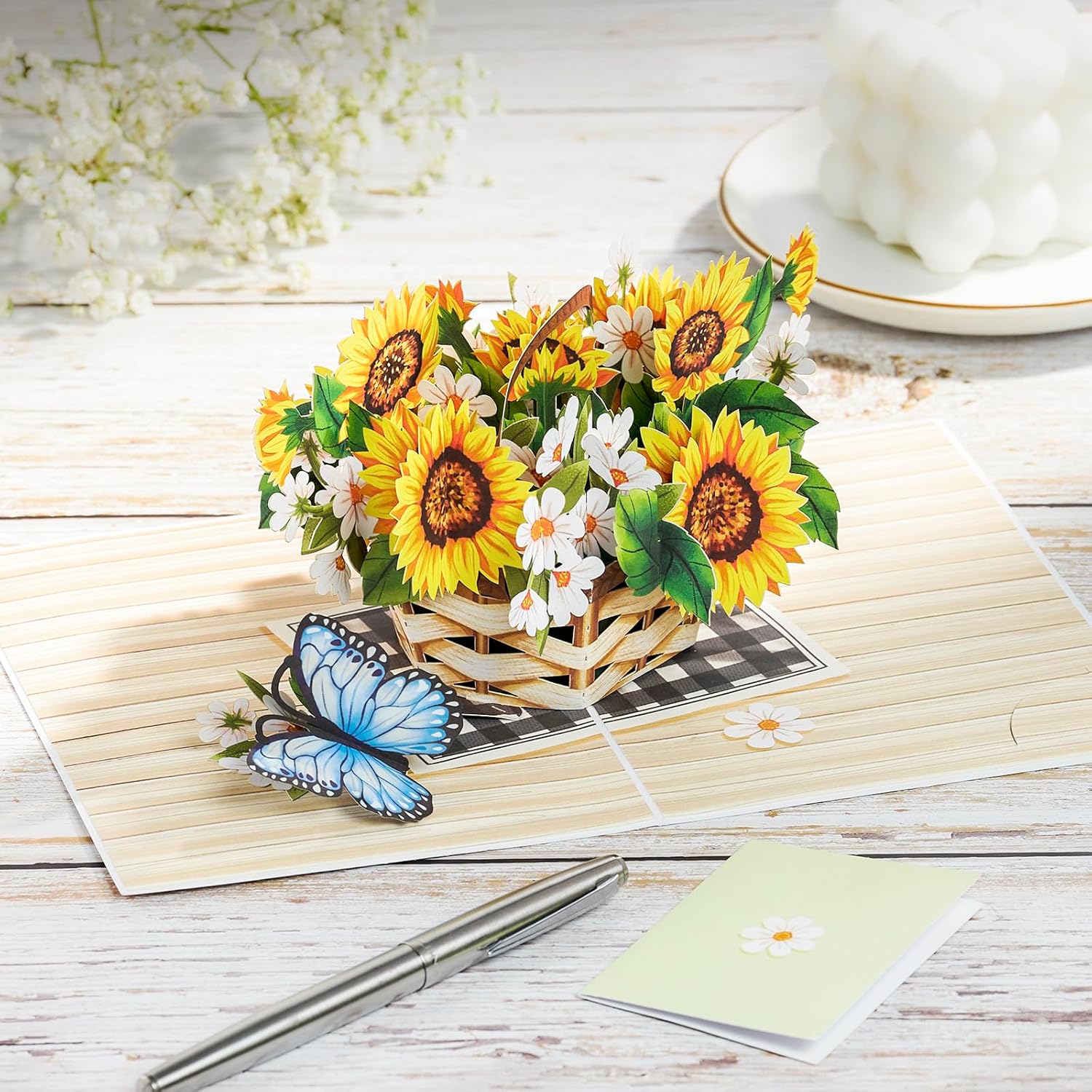 Sunflower Pop Up Card, Butterfly, Flower Basket, 3D Greeting Card, Gifts For Birthday, Mothers Day, Valentines Day, Mom, Wife, Girlfriend, Sister, 5X7 - Includes Envelope And Message Note