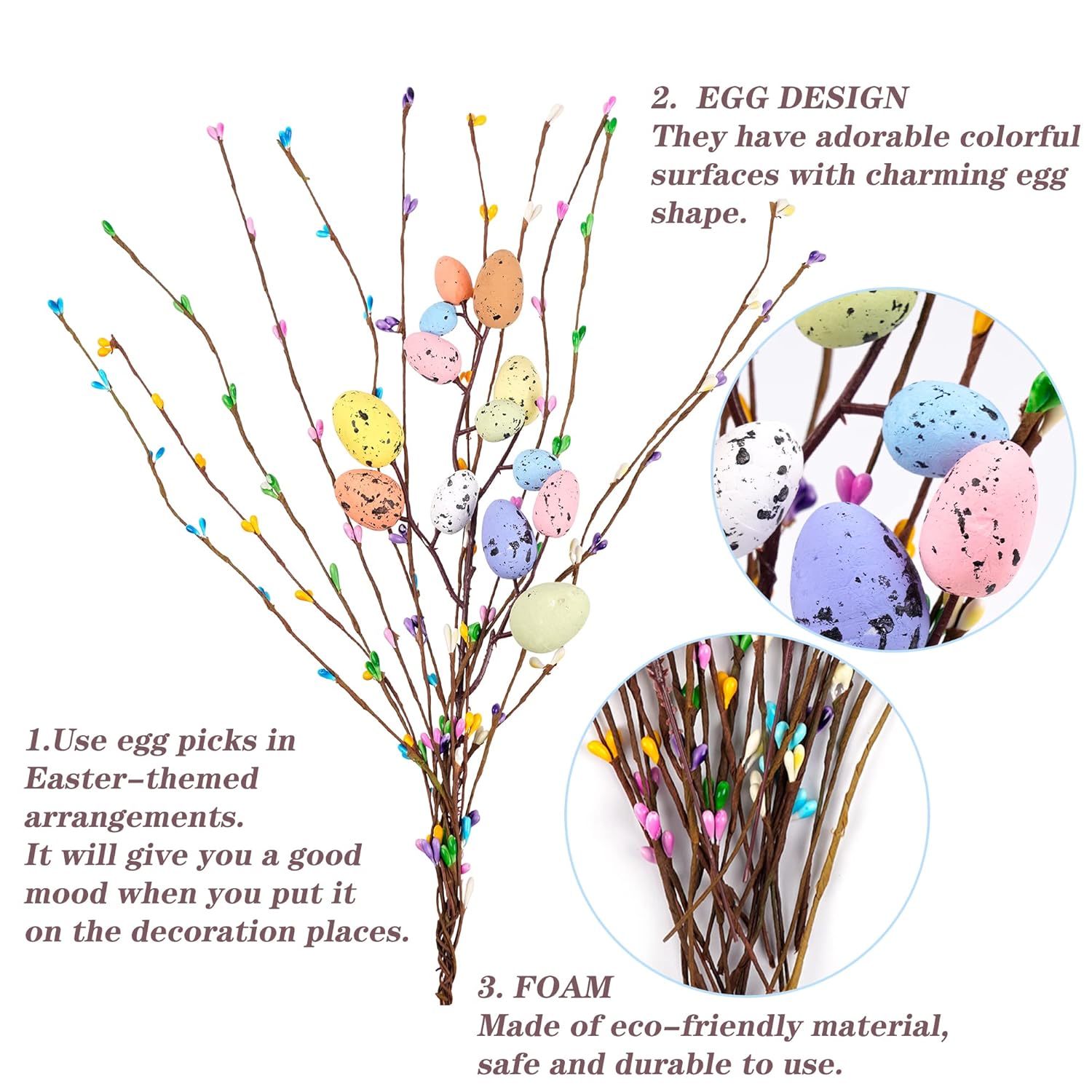 Artificial Easter Spray Vine With Pastel Easter Eggs And Berries- Decorative Spring Floral Stems-Easter Egg Twig Branches For Floral Arrangement-Centerpiece Wreath Decoration (26 Pcs)