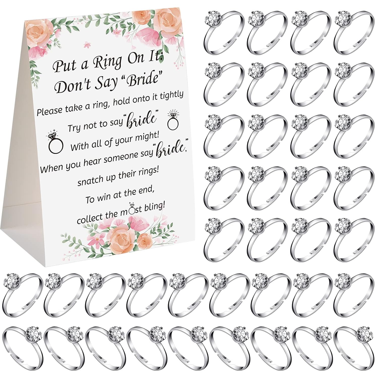 Put A Ring On It Bridal Shower Game With 50 Fake Rings, Rustic Greenery Theme Wedding Shower Games Wedding And Engagement Rings And Not Say Bride Rules Cards(Flowers,Silver)