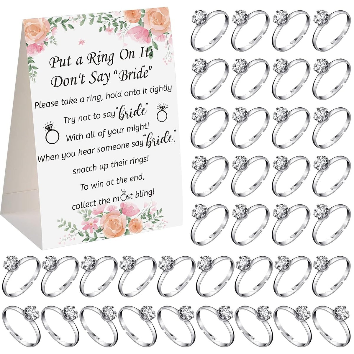 Put A Ring On It Bridal Shower Game With 50 Fake Rings, Rustic Greenery Theme Wedding Shower Games Wedding And Engagement Rings And Not Say Bride Rules Cards(Flowers,Silver)