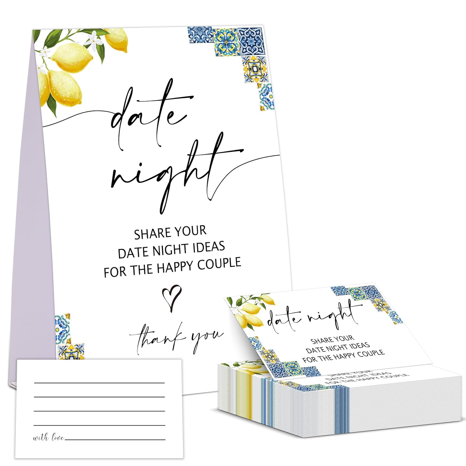 Blue Tiles And Lemons Date Night Game, Date Night Ideas Sign With 50 Cards, Bridal Shower Game, Modern Bridal Shower Decorations, Wedding Date Night Advice - 02
