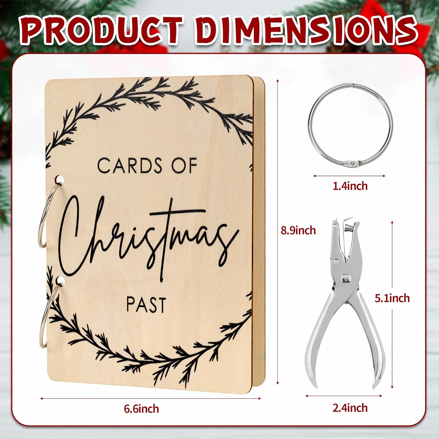 Christmas Greeting Card Holder, Wooden Keepsake Album, Holiday Card Organizer, Festive Photo Keeper & Memory Collection For Christmas, Birthday Cards (Elegant Wreath)
