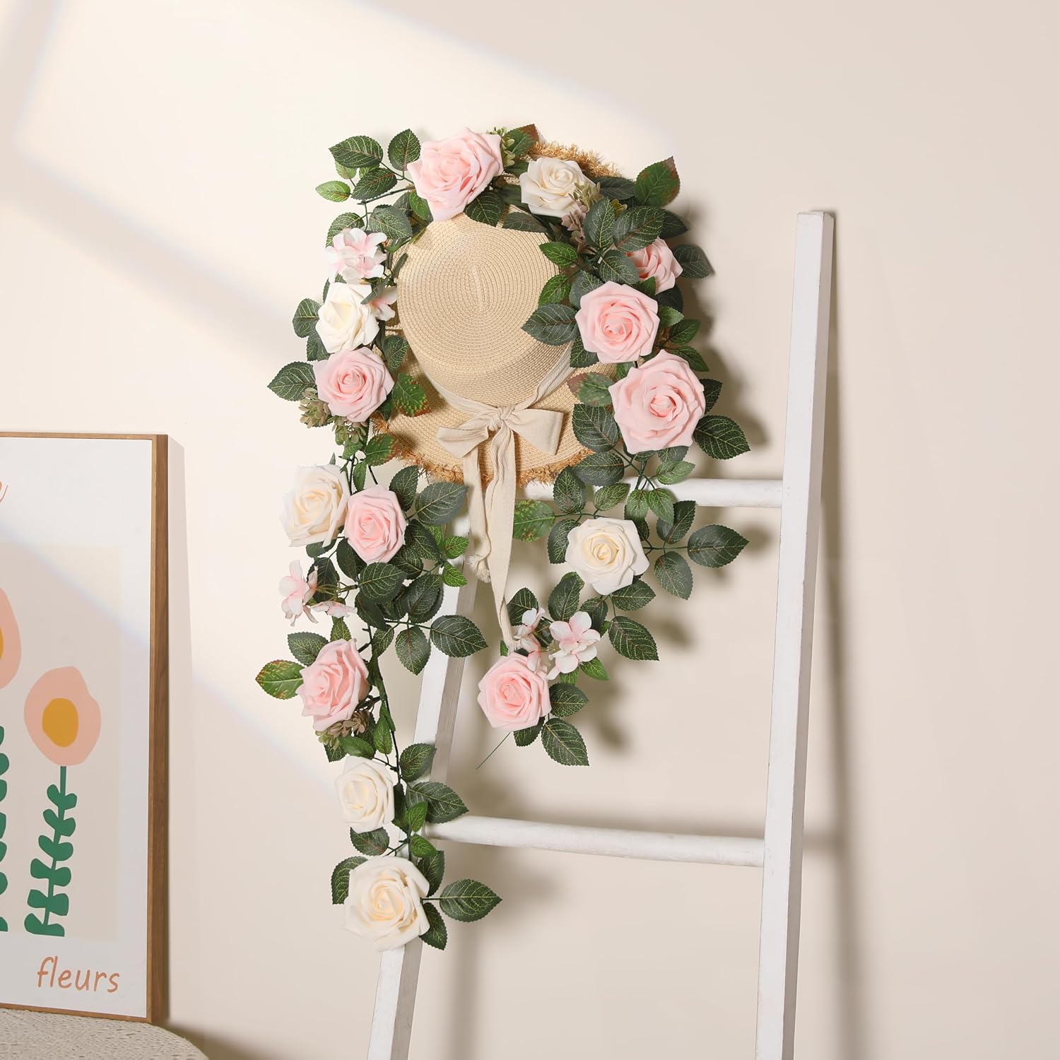 5Ft Artificial Rose Flower Garland - Blush Pink Fake Floral Vine With Rose Leaves, Runner Rustic Flower Garland For Wedding Arch Backdrop, Table Runner Centerpieces, Party Home Mantel Decor