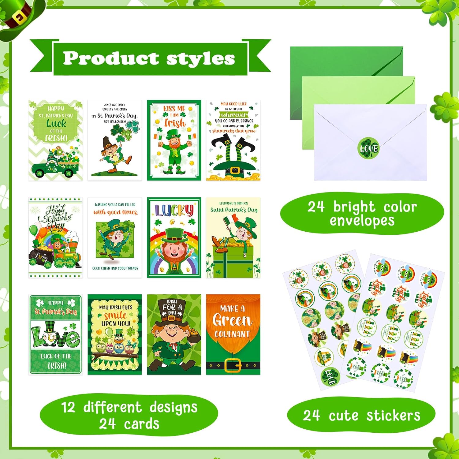 24 Pcs St Patrick'S Day Card With Envelope Clover Gold Coins Stickers Green Shamrock Gold Coin Irish Assorted Greeting Cards For St Patrick'S Day Party Favor, 12 Style