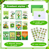 24 Pcs St Patrick'S Day Card With Envelope Clover Gold Coins Stickers Green Shamrock Gold Coin Irish Assorted Greeting Cards For St Patrick'S Day Party Favor, 12 Style