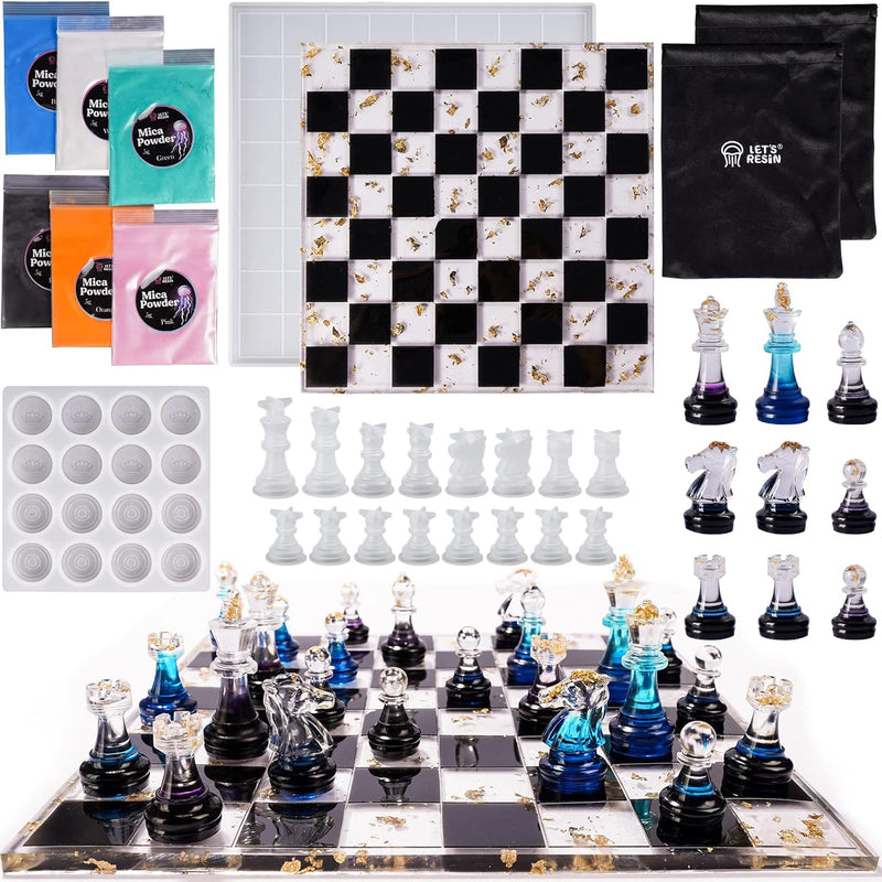 Chess Molds For Resin Casting, Upgraded Resin Chess Set Mold With 16 Piece 3D Full Size Chess Checkers & Chess Board Epoxy Silicone Resin Molds, Diy Chess Board Game, Christmas Gifts