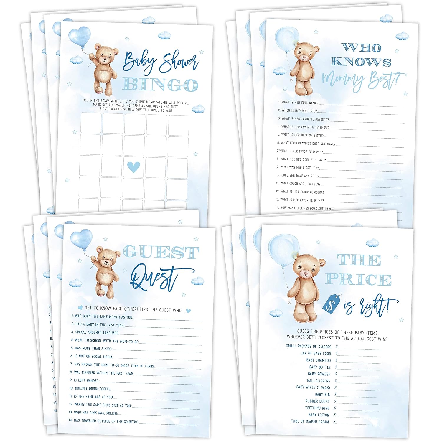 Boy Baby Shower Games, Can Bearly Wait Blue Sky Bingo, Find The Guest, The Price Is Right, Who Knows Mommy Best, 25 Games Each